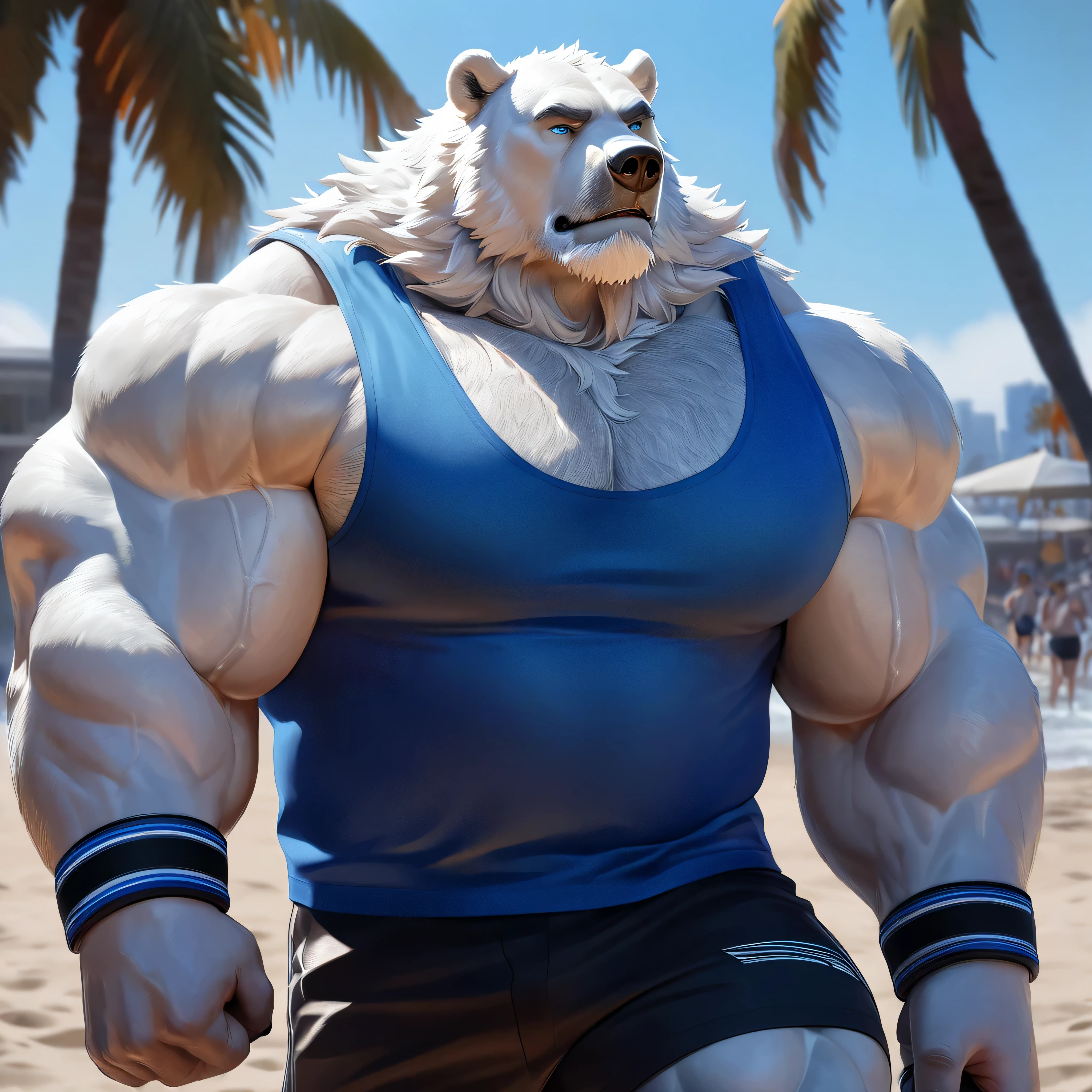 huge muscular polar bear in L.A. beach, big growl grunting, polar bear, huge white fur, thick arm, huge arm, gray mustache, gray beard. white hair and beard, bearded, (muscular, pectoral, wide pectoral, thick arms), realistic, 8k, masterpiece, detailed grey eyebrows, detailed eyes with blue pupils, (wearing black shorts, wristbands, blue tank top and white shoes), vibrating and bouncing his pecs like a drum, veins all over the body