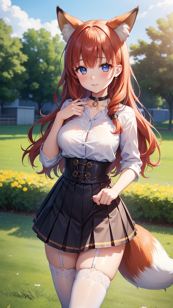 1girl, solo, highly detailed, best quality, illustration, game cg, perfect anatomy, beautiful cute face girl, redhead, beautiful detailed eyes, choker, school field, standing, natural lighting, white shirt, black pleated skirt, thigh highs, fox ears, (fox tail), glossy lips, medium breasts, aichan, latifa fleuranza