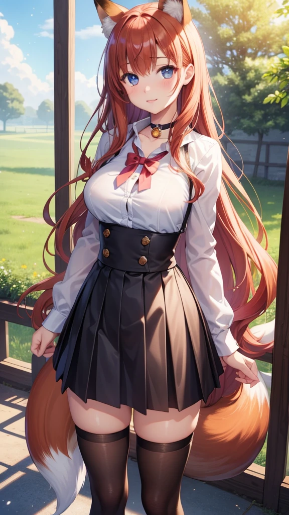 1girl, solo, highly detailed, best quality, illustration, game cg, perfect anatomy, beautiful cute face girl, redhead, beautiful detailed eyes, choker, school field, standing, natural lighting, white shirt, black pleated skirt, thigh highs, fox ears, (fox tail), glossy lips, medium breasts, aichan, latifa fleuranza