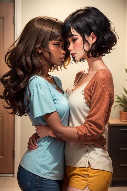 Naked asian lady embraces ebony female while the ebony female licks on the asian female breast