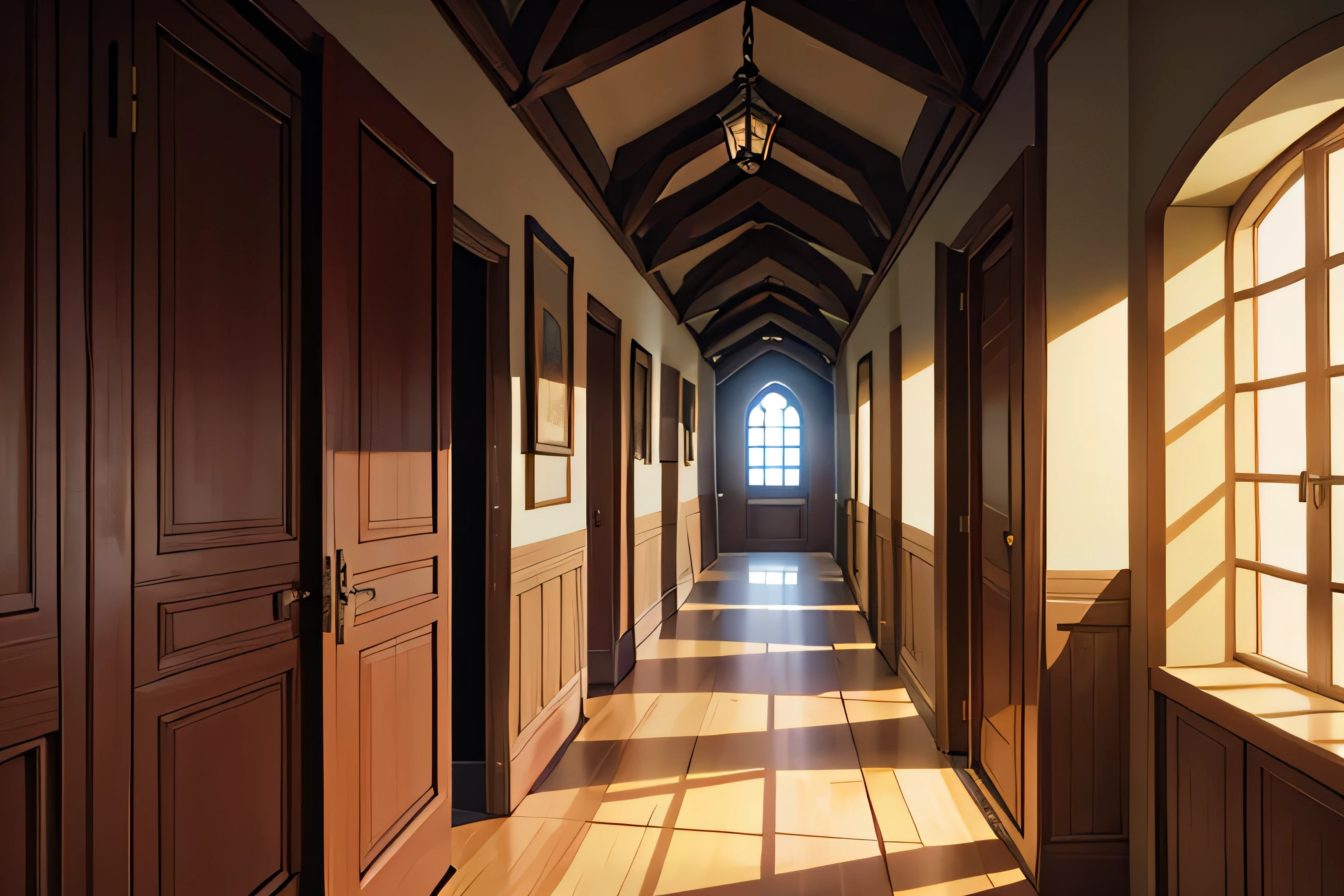 background corridor house in medieval style, side of the wall, door,