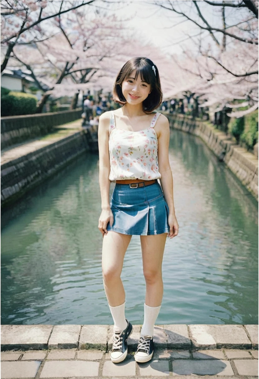 Full body view, side view, retro photography, 1960s Kodak film, film grain, portrait, looking_at_viewer,  smile,  japan, tokyo, cherry blossom, canals,  solo, tanktop with cartoon dumpling, short black skirt, white knee socks, black converse sneakers, candid snapshot, white border, wide angle, (seen from above), grayish blue eyes, natural sagging breast,  slim fit body and busty posture, long legs, attractive young 1 woman