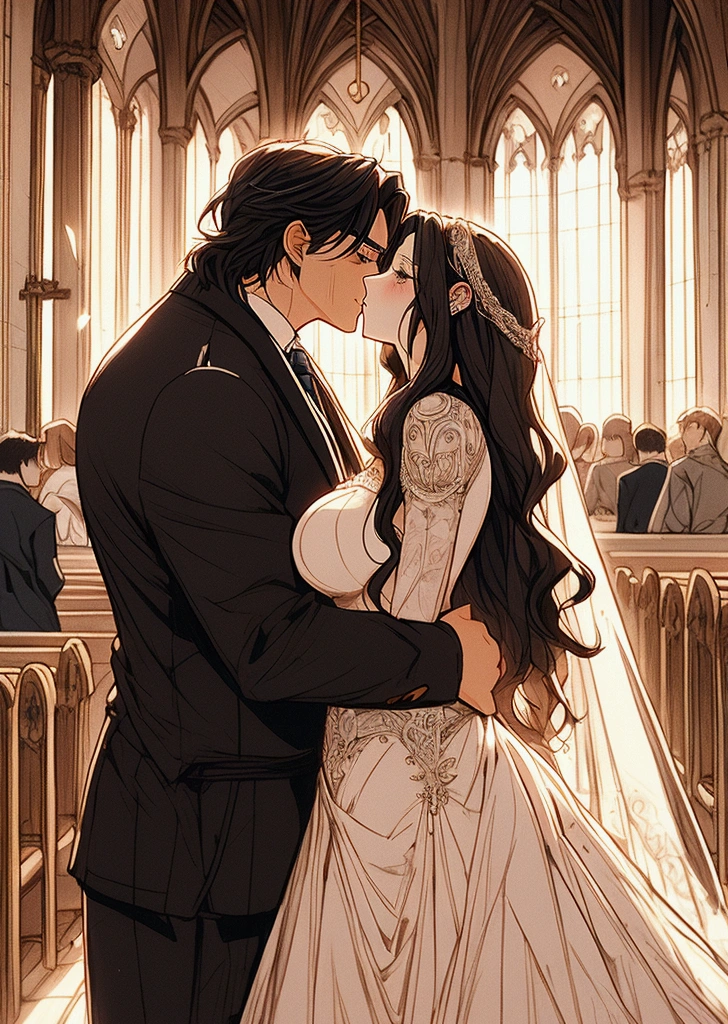 a beautiful anime woman with black long hair and cold eyes,extremely detailed face and eyes,medium breasts,wide hips, wearing a romantic, ballgown-style wedding dress with a long, luxurious train, fantasy, medieval Europe, hourglass figure,in a church,cold expression,a man,couple kiss