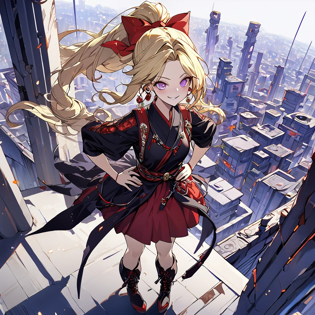 1girl, solo, standing on the roof of a skyscraper, dark persona, hand on own hip, pillars of purple fire, gripping sword in hand, masterpiece, best quality, ultra-detailed, illustration, beautiful detailed eyes, kusakabe maron, kaitou jeanne, long hair, evil smile, black cloth, purple eyes, boots, blonde hair, bow, ribbon, hair ribbon, ponytail, earrings, red ribbon, red bow, drill hair, high ponytail, purple obi, chains, yin yang, earring, pierces, forehead accessory, beautiful art, high res, perfect face, detailed outfit,