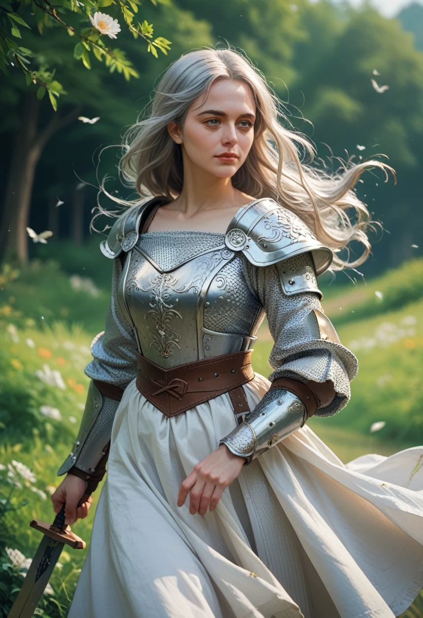 Medieval, tall woman, mature, silver armor, sword in hand, neutral gaze, hair in the wind, long hair., anatomically correct, best quality