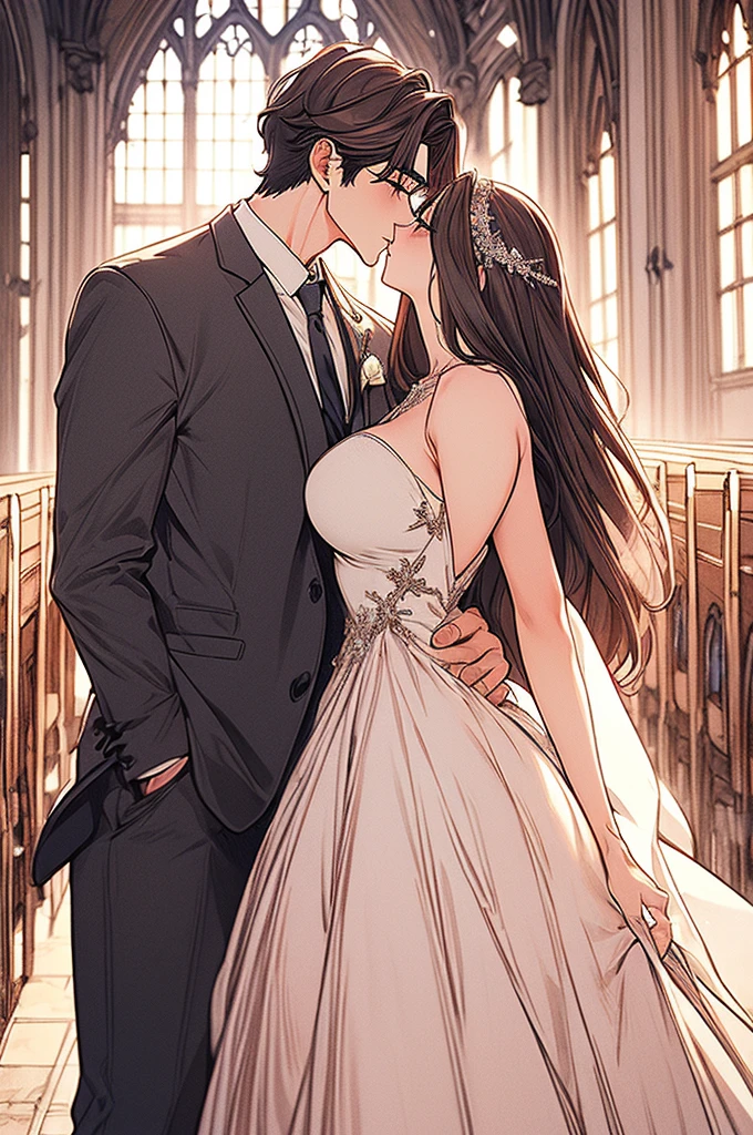 a beautiful anime woman with black long hair and cold eyes,extremely detailed face and eyes,medium breasts,wide hips, wearing a romantic, ballgown-style wedding dress with a long, luxurious train, fantasy, medieval Europe, hourglass figure,in a church,cold expression,a man,couple kiss