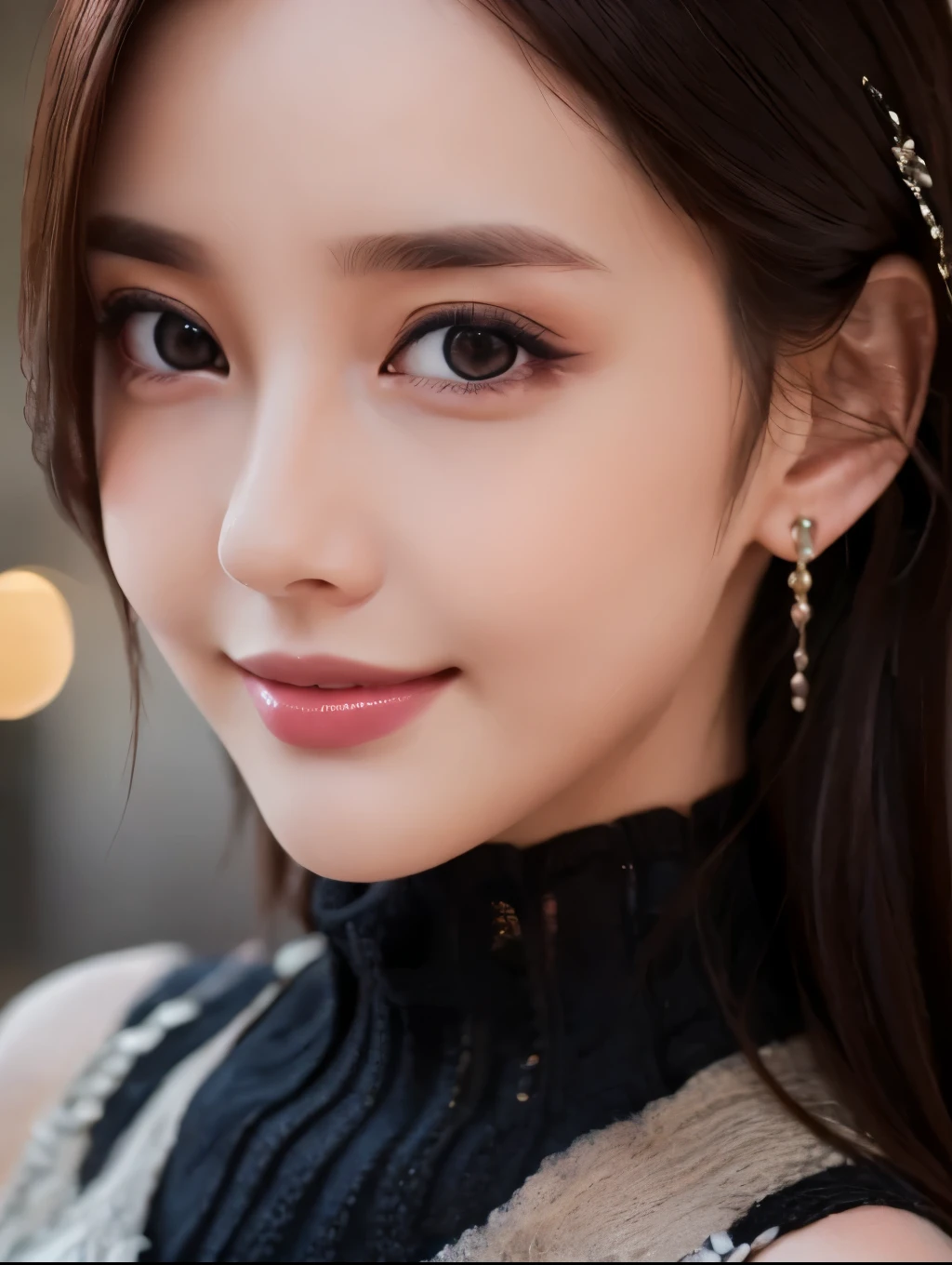 8k, ultra High resolution, highest quality, masterpiece, surreal, photograph, 1 woman, ((solo)), smiling, Beautiful eyes in every detail, Black silk dress、intellectual,(Gaziantep:1.5), close, masterpiece, highest quality, raw photograph, Realistic, face, Unbelievably absurd, beautiful girl, cute, Hair Bun, Written boundary depth, High resolution, Super detailed, finely, Very detailed, Very detailed eyes and face, Sharp focus, Cinema Lighting、Written boundary depth、Vividly detailed、detailed、surreal、Light and shadow,Strong light,Fashion magazine cover,Thin lips