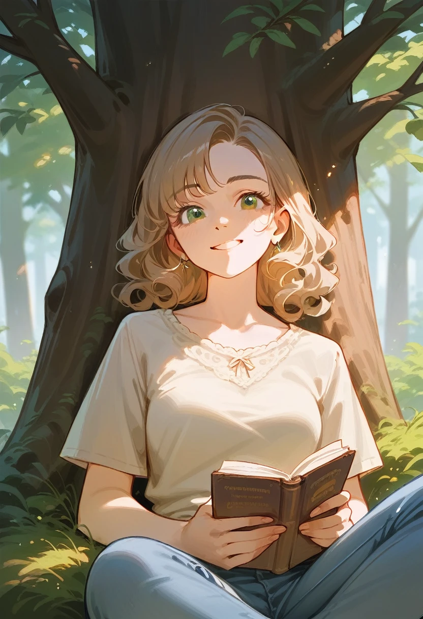 masterpiece, Best Quality, ultra detailed), portrait of an 1 woman with light brown hair, curly green eyes, beige blouse and blue jeans, smiling blue shorts sung under a tree (leaning against the tree) and reading a brown book - very realistic car -  