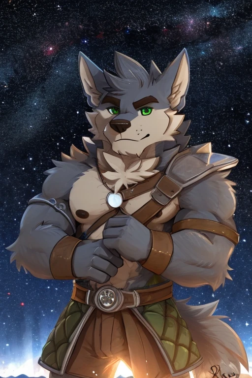 (great quality), lobo, alone, detailed face, detailed body, 5 fingers, Detailed hands, green eyes, detailed eyes, short hair, 2 arms, whole body, ((creative pose to draw it)), to the screen, ((starry background)), ((Whole body)), ((panoramic shot)), por pache riggs