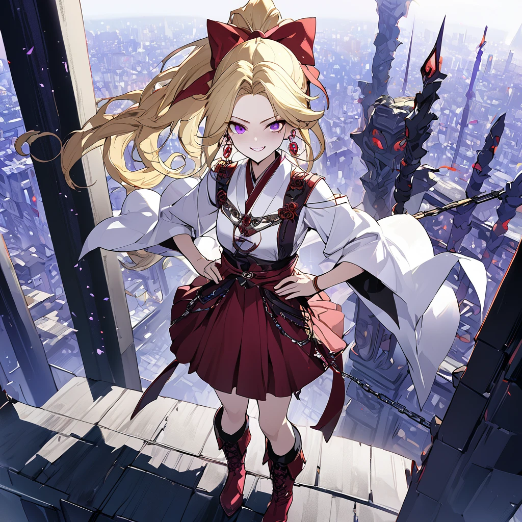 1girl, solo, standing on the roof of a skyscraper, dark persona, hand on own hip, pillars of purple fire, gripping sword in hand, masterpiece, best quality, ultra-detailed, illustration, beautiful detailed eyes, kusakabe maron, kaitou jeanne, long hair, evil smile, black cloth, purple eyes, boots, blonde hair, bow, ribbon, hair ribbon, ponytail, earrings, red ribbon, red bow, drill hair, high ponytail, purple obi, chains, yin yang, earring, pierces, forehead accessory, beautiful art, high res, perfect face, detailed outfit,