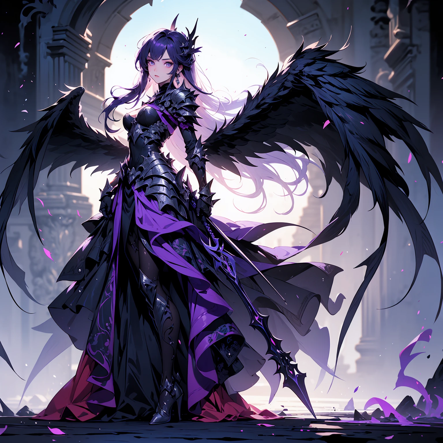 (((masterpiece, best quality, high detailed, 16k))) (1girl) A mysteriously alluring woman with short spiky purple hair and piercing violet eyes. She wears an ethereal, shadow-like armor that shifts and moves like smoke. Black, feathered wings emerge from her back, and she wields twin daggers dripping with shadowy energy. ((full body front view)), (extremely detailed:1.5)
