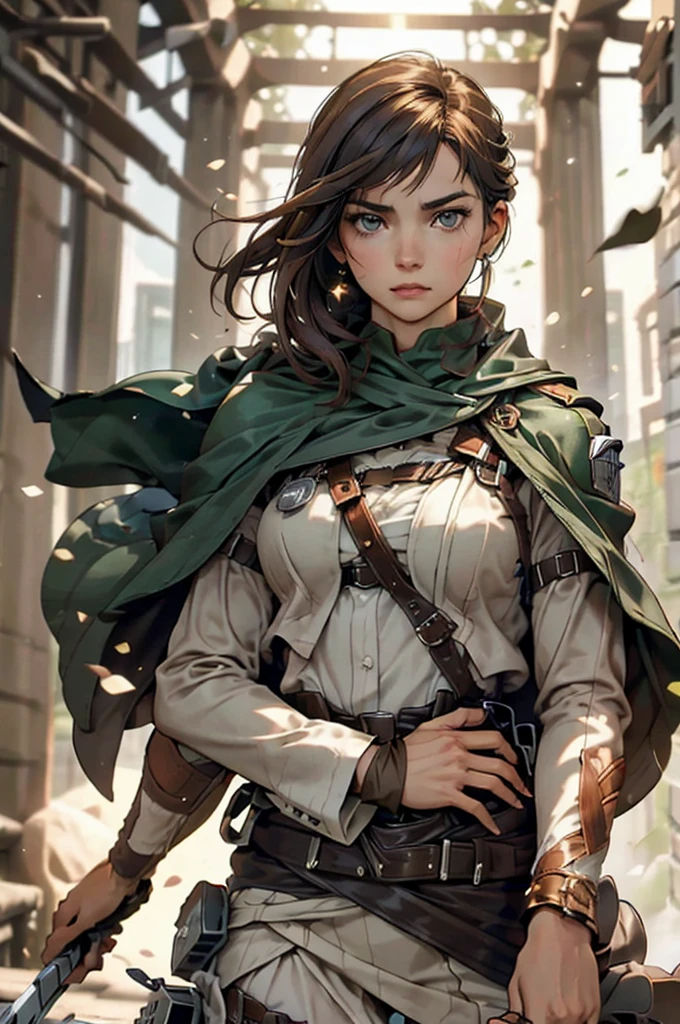 A young woman with a regal and noble presence, her brown hair cut into a sharp bob. She has piercing gray eyes, a face dotted with freckles, and a serious, determined expression. She wears the uniform of the Survey Corps from Attack on Titan, complete with the iconic green cape and emblem. Her stance exudes strength and authority, capturing both her serious demeanor and noble spirit, while maintaining a safe-for-work appearance.