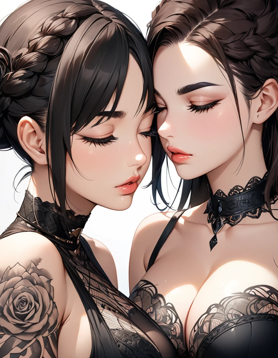 (RAW photo, Best quality), (Realistic, photo-realistic:1.2), 2girls, High quality, (highdetailskin:1.4), Two girls hugging，The chests squeeze against each other,huge tit,nakeness，nipple