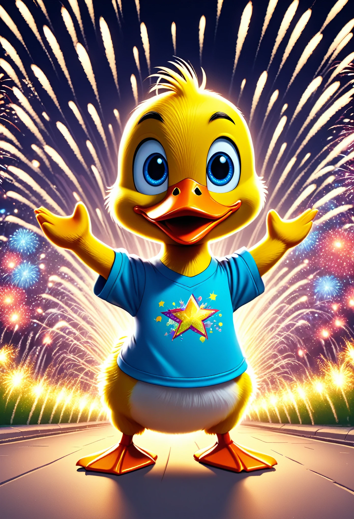 cute duck, cartoon, arms, hands ,cute eyes, looking at viewer, arms up, clothes, flawless, reflex, blue shirt, effects background, fireworks, detailed, high quality