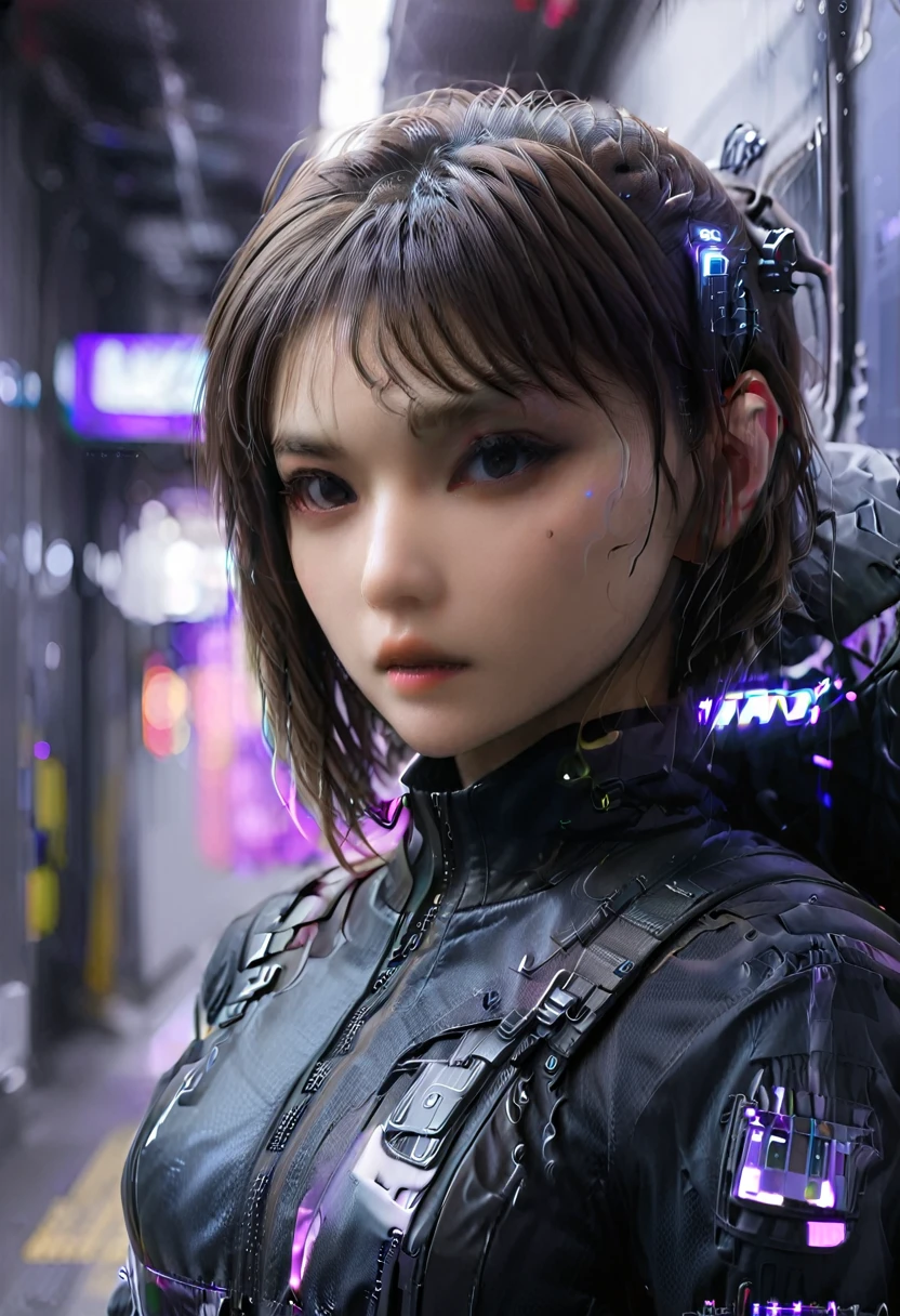 (front view:1.4), close-up portrait, (1girl:1.5), solo, spacesuit, bangs, brown(short hair:1.2), bag, blurry_background, purple neon light, backpack, zipper, urban techwear, outfit