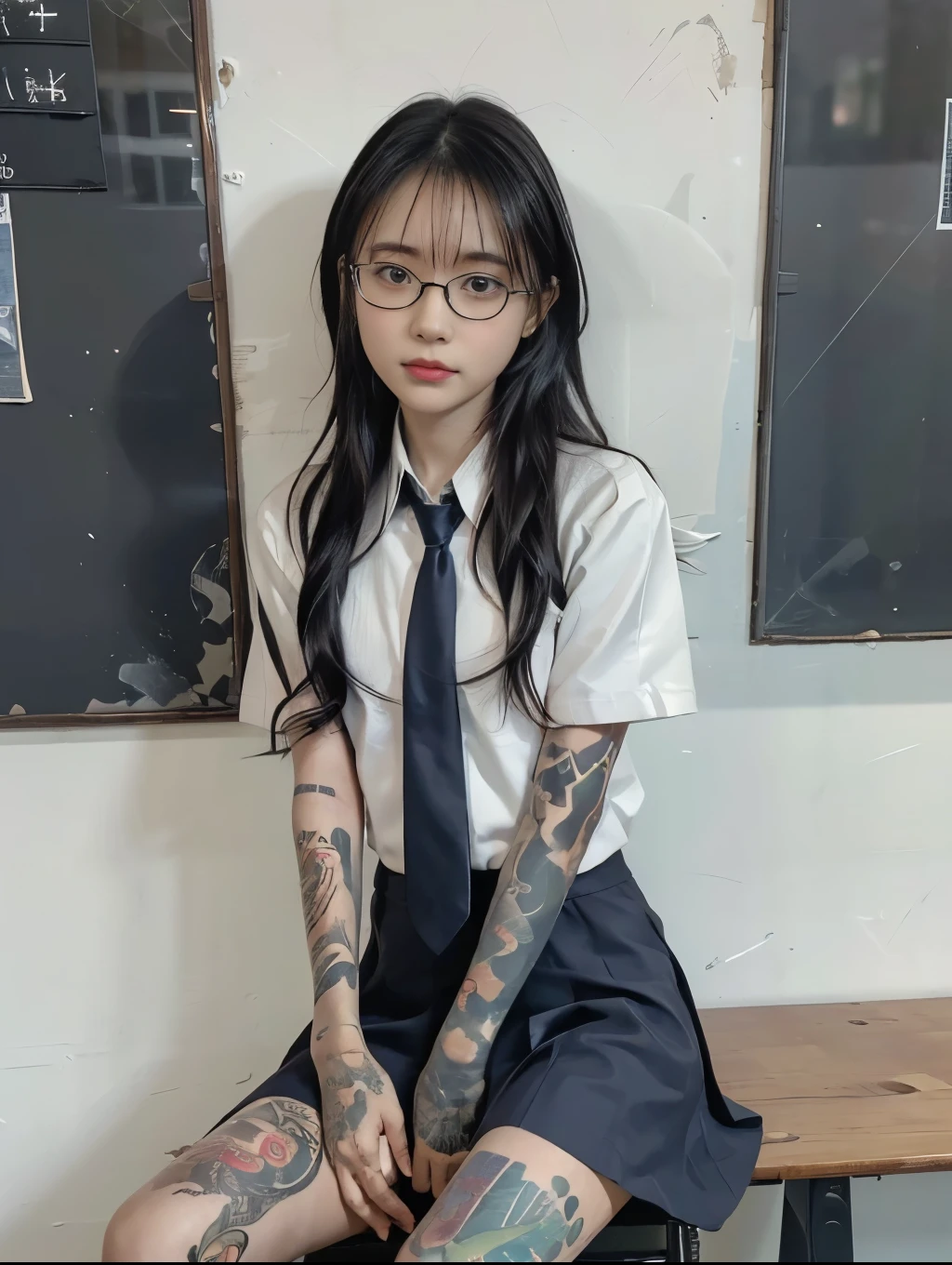 1girl, raw photo, 8k, (top-quality), Realistic, (real picture, Intricate details), (natural skin texture, detailed skin, hyper realism, sharpness), Japanese teenage glasses girl sitting on school desk in  high school classroom, ((school uniform)), (blue tie, pleated skirt), (pale skin:1.2), skinny body, (tattoos all over arms:1.4), (((flat chest:1.4))), (braid hairstyle, bangs), (glasses), black board, full body shot