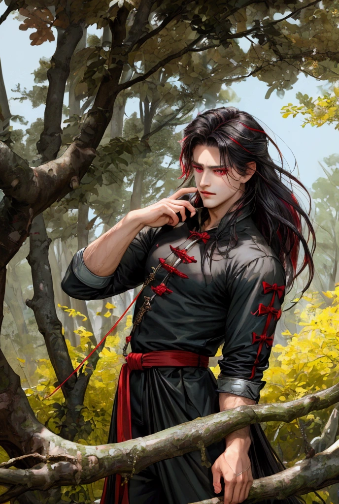 Handsome male, red eyes , black long hair , archer clothing ,bow in hand , mark on the forehead ,In the woods , a high resolution, Realistic anatomy, accuracy, In detail, very detailed, bang, bang с пробором, Gradient hair, bright pupils, sad, 