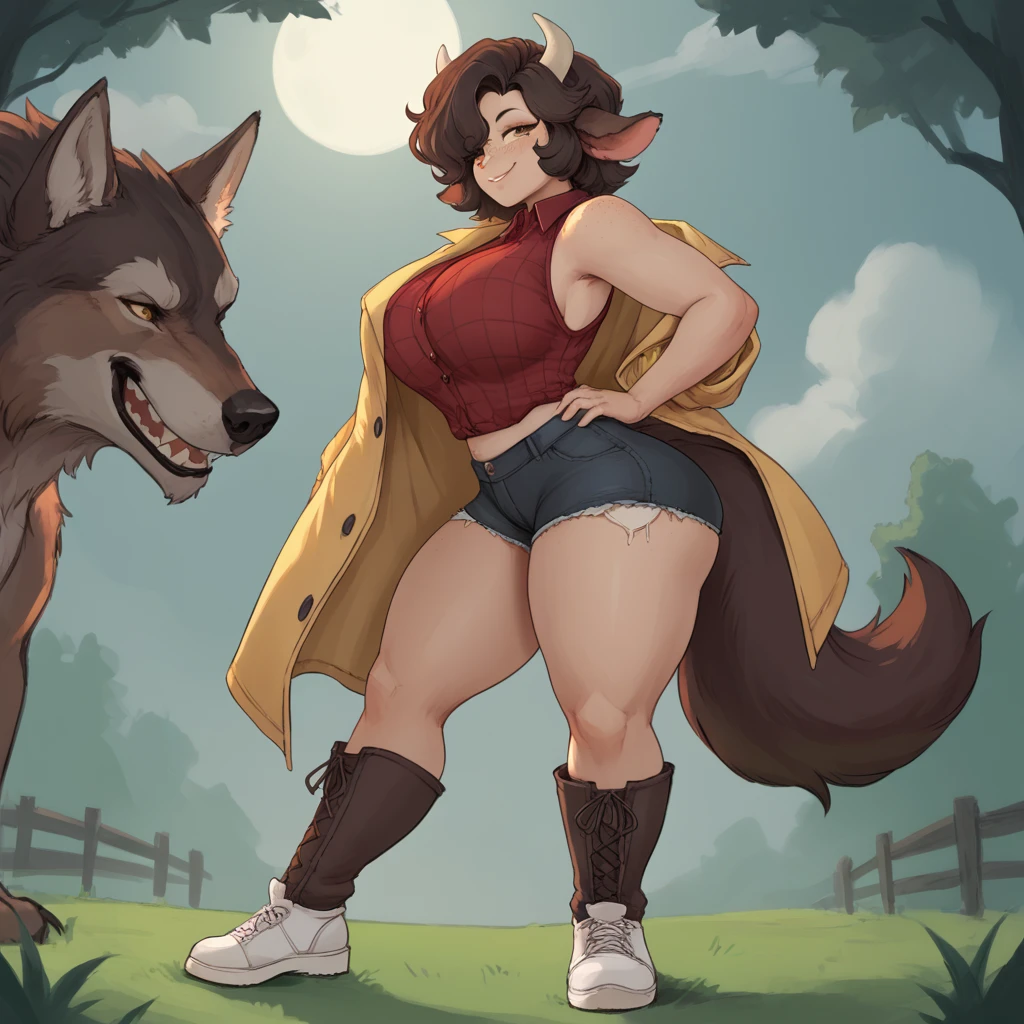 Solo, female, canine, snout, short snout, wide snout, white fur, white body, cleavage, pink eyes, detailed eyes, glasses, black hair, hair bun, up do, detailed hands, medium breasts, cameltoe, white undershirt, brown leather bomber jacket, tight white yoga pants, black boots, smoking a cigarette, tired eyes, standing, tree, woods, grass, distant spaceship, sunset, by buta99, by bebebebebe, by chelodoy