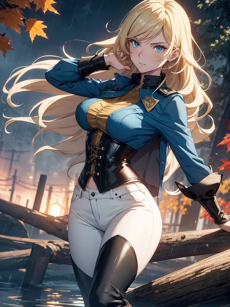 Modern anime-style digital painting of a 2 female teacher in a frontal view and action pose during an autumn day, soaked by rain with dramatic lightning in the background. She is 165 cm tall, with measurements of 91-61-81 cm, and has waist-length, wavy blond hair with V bangs and bright blue eyes. Emitting a golden aura, she stands dynamically with one leg raised on a fallen log. She wears a ruffled white blouse, a black corset, skinny tight blue jeans, and high black boots, all drenched by the rain. The scene is set against rich autumn foliage and vivid lightning, enhancing the intense and mystical atmosphere.