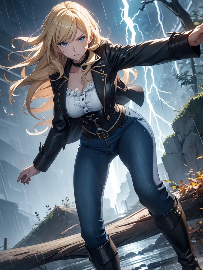 Modern anime-style digital painting of a 2 female teacher in a frontal view and action pose during an autumn day, soaked by rain with dramatic lightning in the background. She is 165 cm tall, with measurements of 91-61-81 cm, and has waist-length, wavy blond hair with V bangs and bright blue eyes. Emitting a golden aura, she stands dynamically with one leg raised on a fallen log. She wears a ruffled white blouse, a black corset, skinny tight blue jeans, and high black boots, all drenched by the rain. The scene is set against rich autumn foliage and vivid lightning, enhancing the intense and mystical atmosphere.