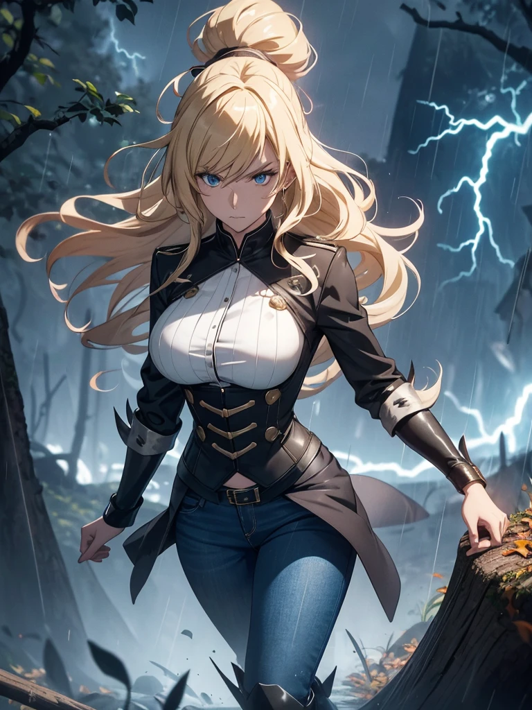 Modern anime-style digital painting of a 2 female teacher in a frontal view and action pose during an autumn day, soaked by rain with dramatic lightning in the background. She is 165 cm tall, with measurements of 91-61-81 cm, and has waist-length, wavy blond hair with V bangs and bright blue eyes. Emitting a golden aura, she stands dynamically with one leg raised on a fallen log. She wears a ruffled white blouse, a black corset, skinny tight blue jeans, and high black boots, all drenched by the rain. The scene is set against rich autumn foliage and vivid lightning, enhancing the intense and mystical atmosphere.