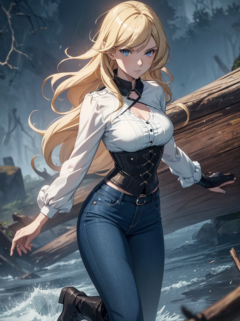 Modern anime-style digital painting of a 2 female teacher in a frontal view and action pose during an autumn day, soaked by rain with dramatic lightning in the background. She is 165 cm tall, with measurements of 91-61-81 cm, and has waist-length, wavy blond hair with V bangs and bright blue eyes. Emitting a golden aura, she stands dynamically with one leg raised on a fallen log. She wears a ruffled white blouse, a black corset, skinny tight blue jeans, and high black boots, all drenched by the rain. The scene is set against rich autumn foliage and vivid lightning, enhancing the intense and mystical atmosphere.