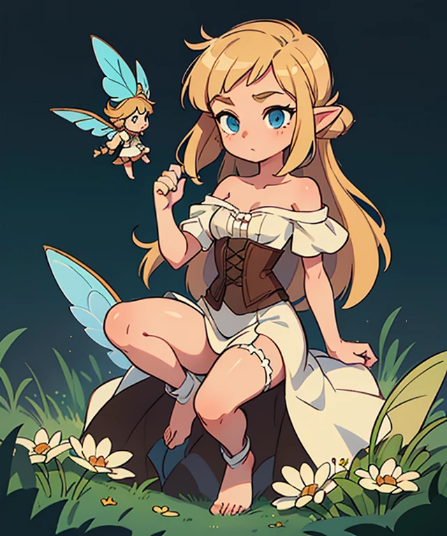 Masterpiece, superlative, 1 girl, fantasy, full body, (1 girl, 5'3", small, 125 pounds, 23-years-old, simple white dress, off the shoulder, wench dress, dark green corset, barefeet, leather arm guards, long light brownish-blonde hair, small fairy wings on her back, blue eyes,