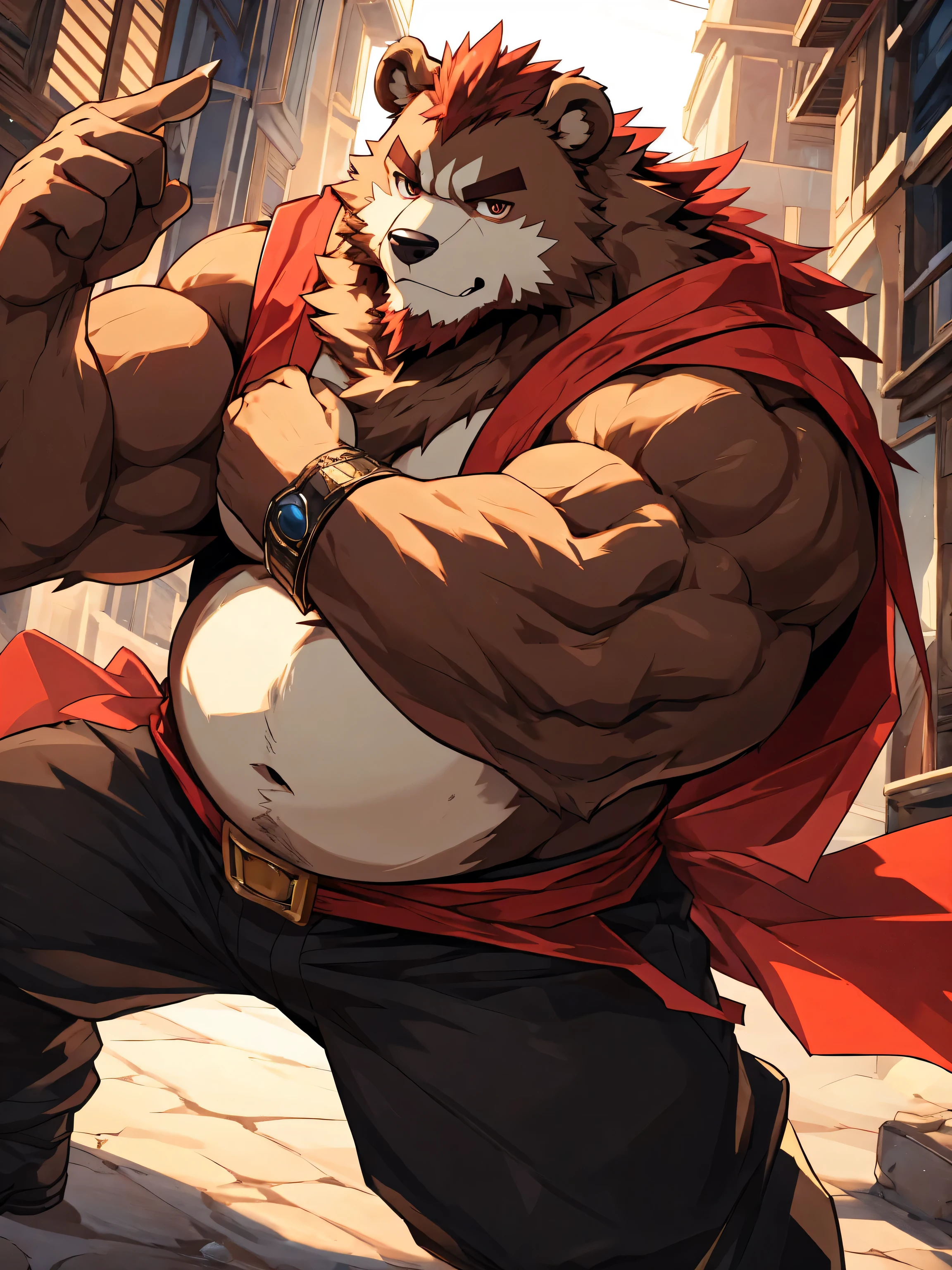 zangief,a bear with a beard and a golden belt, fighting game character, street fighter 5,muscled humanoid bear,heavy looking,buff bear,wrestler,Red short briefs,capcom,street fighter,shirtless,muscular male,chest hair,visually weighty,bearded bear, brown fur,mohawk hair,red and yellow wristband,red speedo briefs with the golden belt, Red Wrestling Boots ((best quality)), ((masterpiece)), (detailed), perfect face