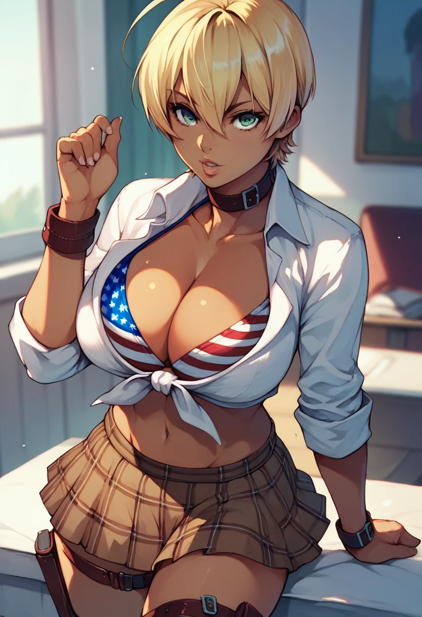 mito ikumi, dark-skinned female, blonde hair, short hair, ahogecollar, white shirt, tied shirt, sleeves rolled up, american flag bikini, cleavage, brown skirt, plaid skirt, midriff, thigh strap, large breasts