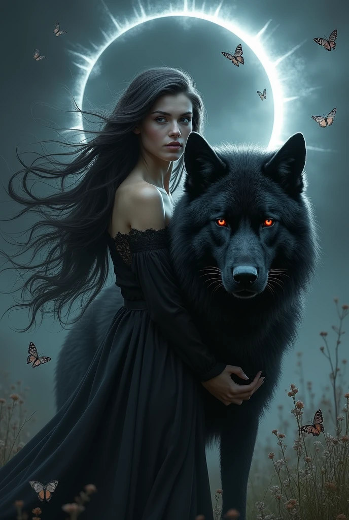 Black haired woman next to a red eyed black wolf next to an eclipse stage and lots of butterflies 
