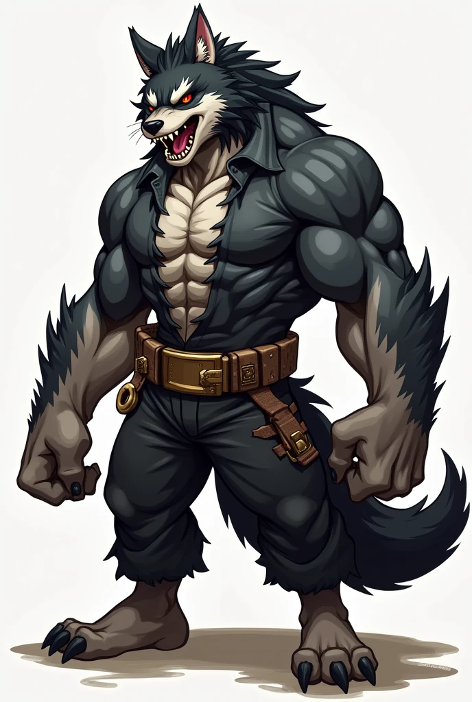 drawning, sharp colors, A werewolf, ripped airline pilot pants , gray hairs, yellow  eyes, long scar on chest, dog tag necklace, ferocious, white background, fully body 