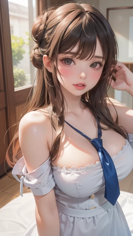 (absurd, high resolution, Extremely detailed), , (RAW photos, best quality), (Sexy body,Cute face,Very long hair，Tie your hair into a bun，And bangs,Large breasts,Super mini blue nurse