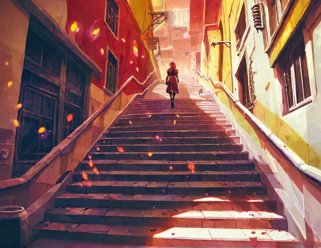 score_9, score_8_up, score_7_up, score_6_up, best aesthetic, Arcane, a person walking down a stairway, long shot, concept art, city in background, great use of color theory, red and yellow colors, particles flying, sunny
