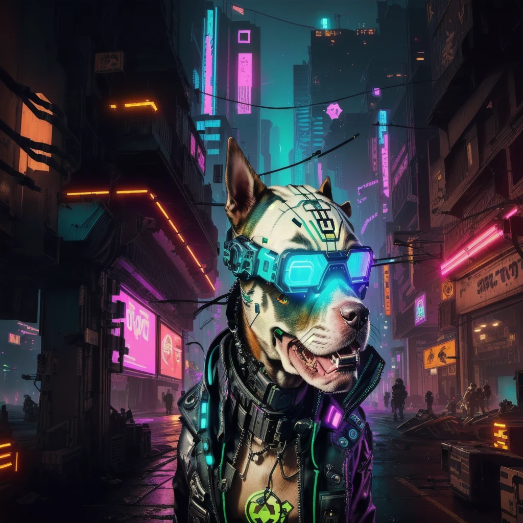 cão brown pitbull cibernético com óculos brilhantes em uma rua da cidade, cyberpunk art style, cyberpunk vibes, cyberpunk themed art, cyberpunk pitbull dog, on cyberpunk style, brown pitbull ciborgue - pitbull, cyberpunk art, cyberpunk artstyle, cyberpunk vibe, has style , brown pitbull cyberpunk, cyberpunk digital art, cyber dog, high quality cyberpunk art, cyberpunk illustration, cyberpunk aesthetic, ciborgue - pitbull taking a selfie, in the cyberpunk city, with moon helmet, cde black color , brown pitbull