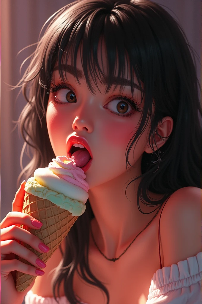 realistic, single girl, big mouth open, big tongue, ice cream licking, bikini, sunset