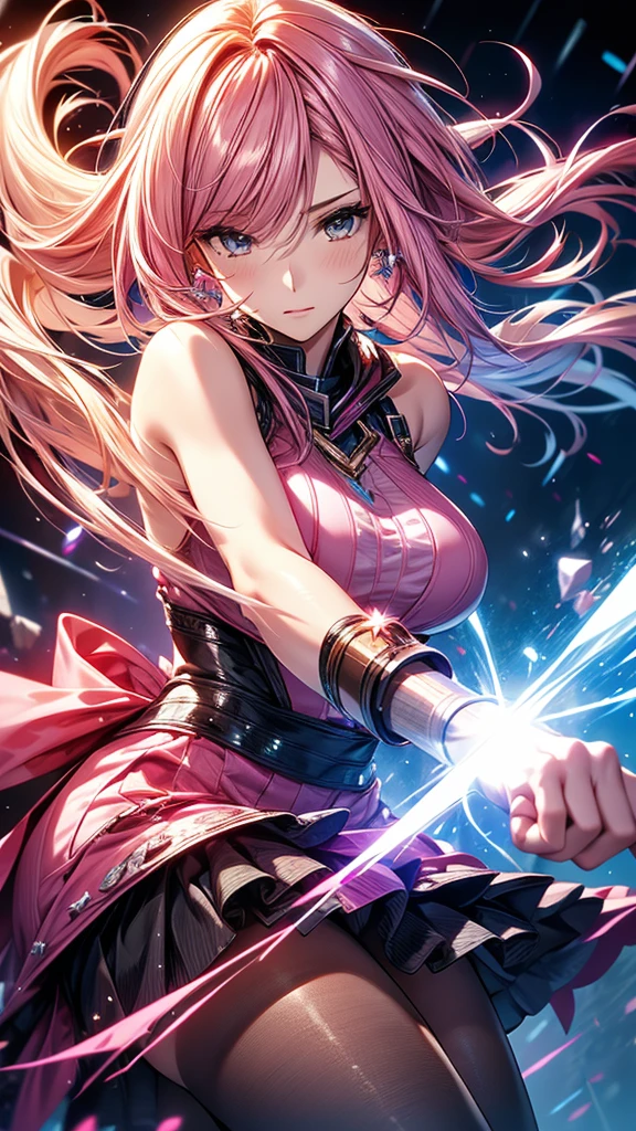 from side, solo, exposed white underwear, (torn clothes:1.2), nipples, tottering, Yu-Gi-Oh!,dark magician girl,big breasts,leotard,cute Face, blonde hair, opened eyes, rolling eyes, scared, (sobbing:1.2) :o, look another, moaning, headback BREAK beam,damaged,destruction,pink beam,shattered pink beam, injury, damaged, dirty