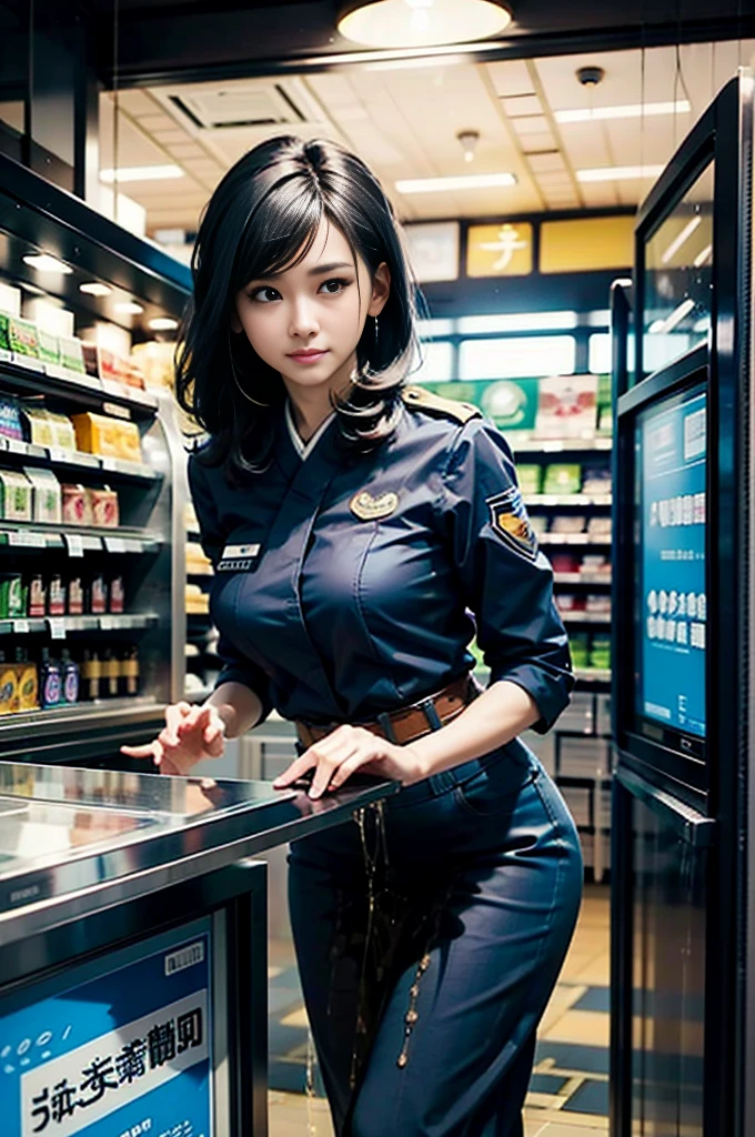 女性コンビニ店員がPee leak、Peeing while cashiering、Pee leak、peeing herself、A lot of pee、From below、Gaze at the audience、uniform、Perfect figure、Very beautiful、Japanese women、Black Hair、The staff is watched by the customers