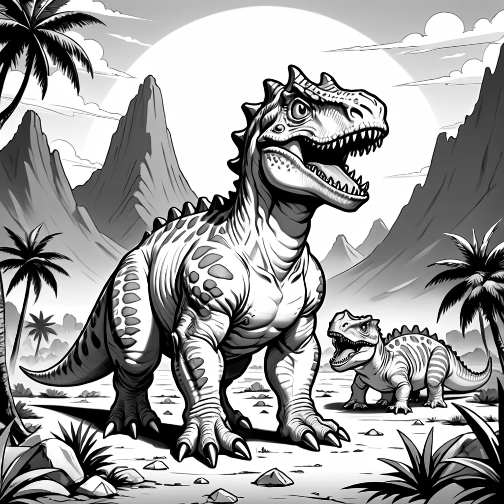 {Epic masterpiece comic landscape de 1950s} {cape art} Chibi Toy Carnotaurus} Create a drawing illustration , by Hugh Hughes in a vibrant and playful environment. line art coloring page. The overall style should be black and white drawing., cozy and inviting, suitable for a coloring page .