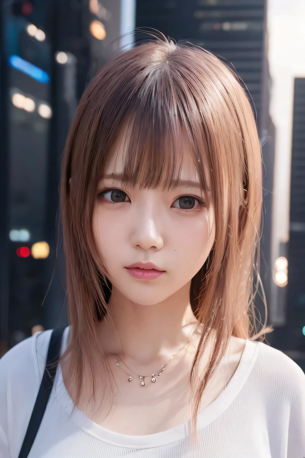(8k、Highest quality、masterpiece、female、solo、Face shot close up、、Ahoge、cute、、slender)、(Realistic Light and Shadow)、White on a tieYshirt、((Cyberpunk Background))