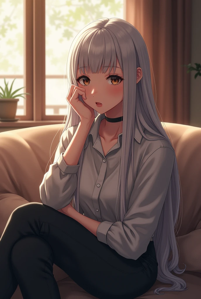 Ultra high resolution, rich colors, perfect image, best quality, detailed image, beautiful single woman, glowing skin, skin and clothing texture, delicate eyes, morning, living room, crouching, shirt, shorts, long silver hair, red eyes