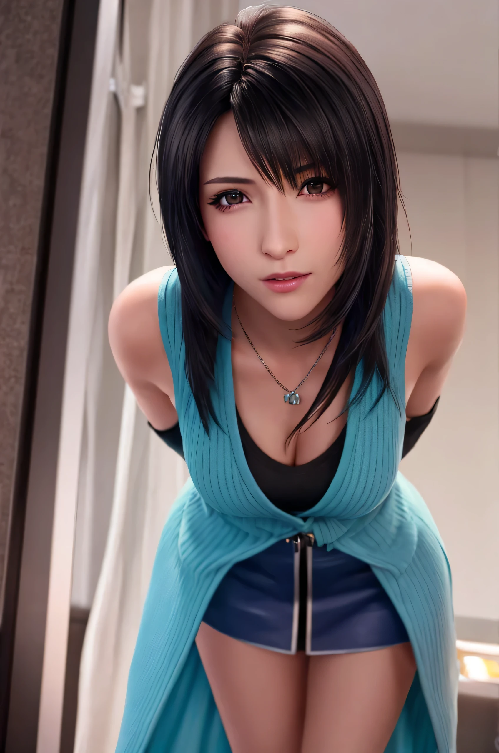 1girl, leaning forward, put hands on thighs, facing viewer, BREAK ff7r style, rinoa, arm warmers, (necklace:0.9), sleeveless long coat, light blue coat, black shirt, blue skirt, arm ribbon, boots, (small breasts:0.7), (cleavage:0.9), (brown eyes:0.9), aroused, blush, BREAK detailed background, hotelroom, BREAK photorealistic, (best quality, masterpiece, UHD, ultra detailed), (beautiful face, shiny skin), (detailed eyes), (perfect anatomy), (professional lighting)