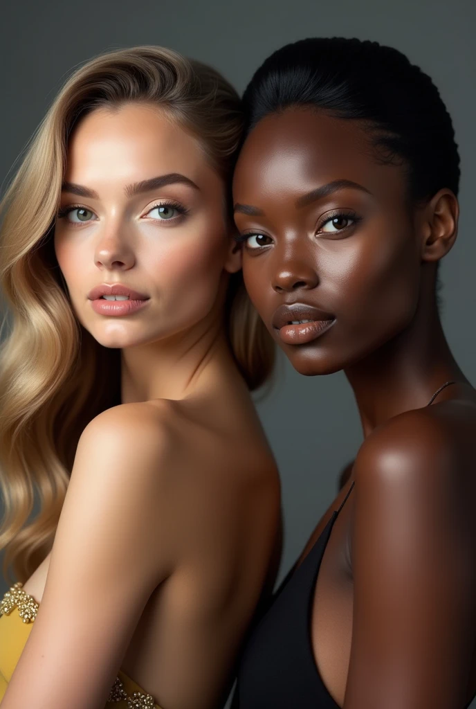 Whites and blacks and yellows women and man, one white with black hair, another white with blonde hair and one black with very short hair, all of them have extremely exaggerated plastic surgery on their faces, Different ages