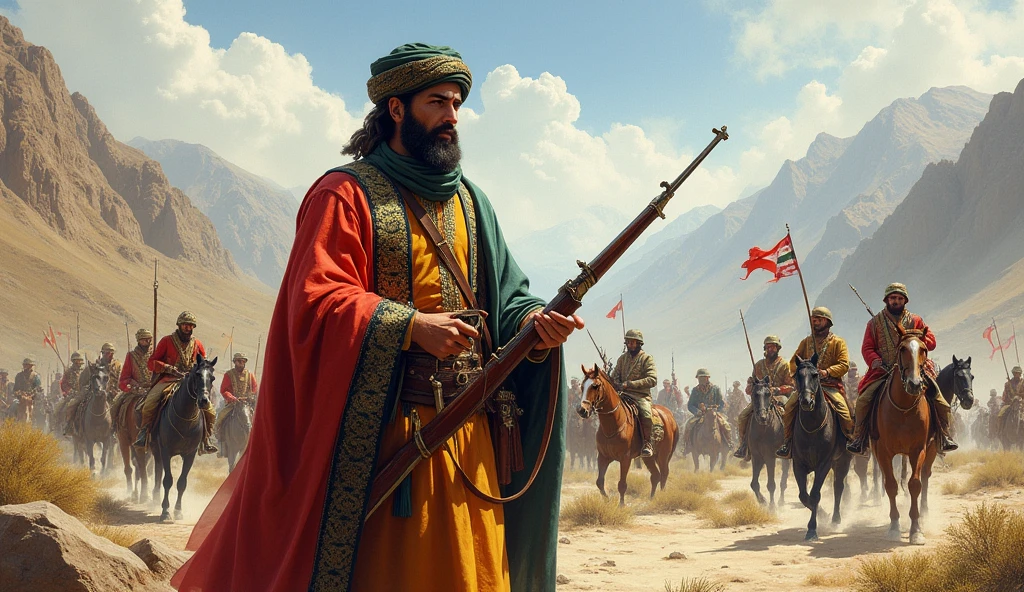 An exceptionally handsome Pashtun warrior with a grey Lungee turban, adorned in hauberk armor and shalwar kameez. He stands with a spear at the ready, mounted on his loyal horse amidst a bustling military camp, captured in a stunning historical painting.