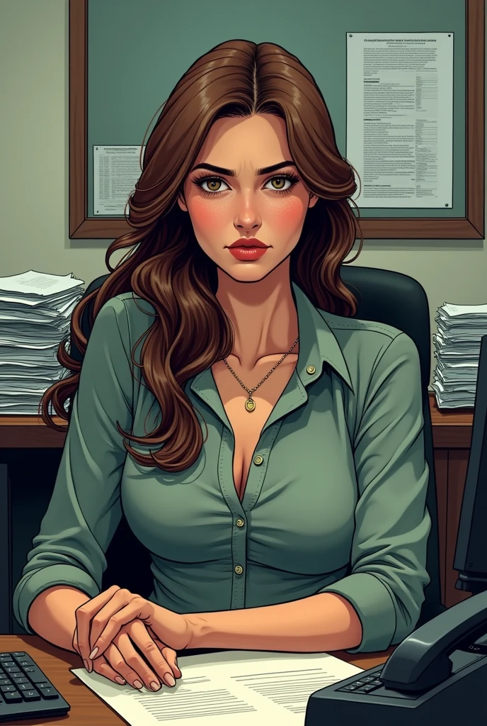 Extremely busty brunette secretary, college girl, fair skin, green eyes, loose updo, (((large nose))), soft face, athletic, huge , warmly lit office, windows, blue skies