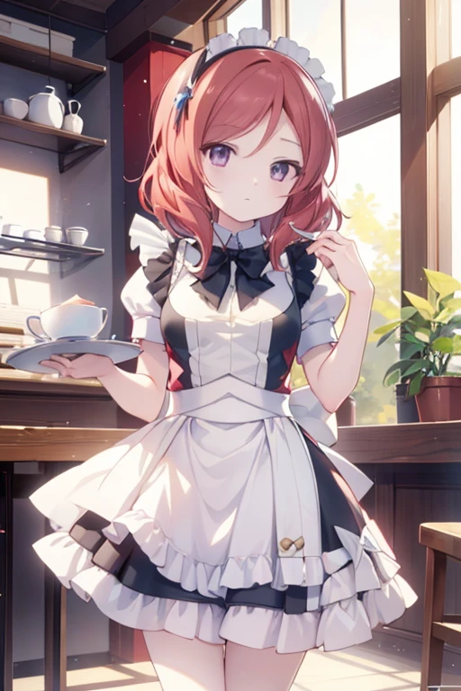 (Highest quality，masterpiece)，One girl, solo, Anime Screencap，Ray Tracing，Global Illumination，ultra hi resolution picture，Depth of written boundary，cute，Maki Nishikino，Coffee shop，tray，Maid clothes