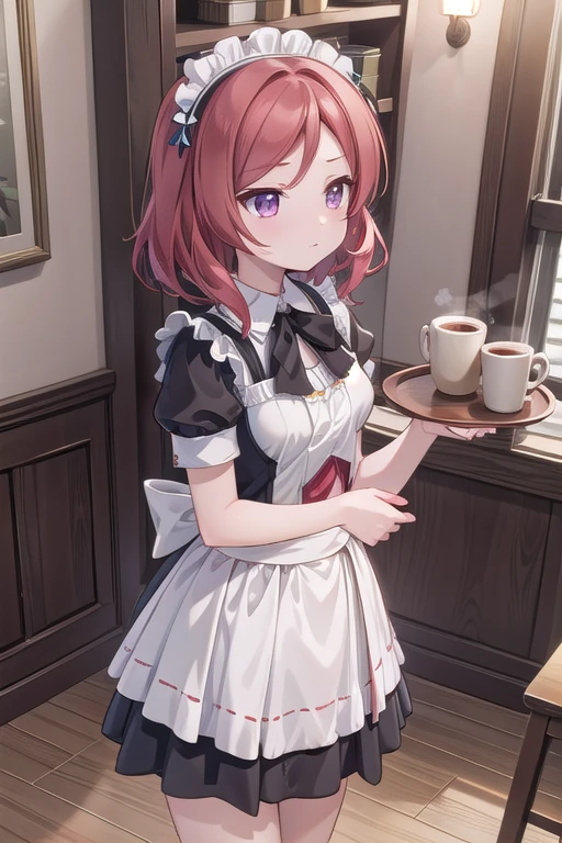 (Highest quality，masterpiece)，One girl, solo, Anime Screencap，Ray Tracing，Global Illumination，ultra hi resolution picture，Depth of written boundary，cute，Maki Nishikino，Coffee shop，tray，Maid clothes