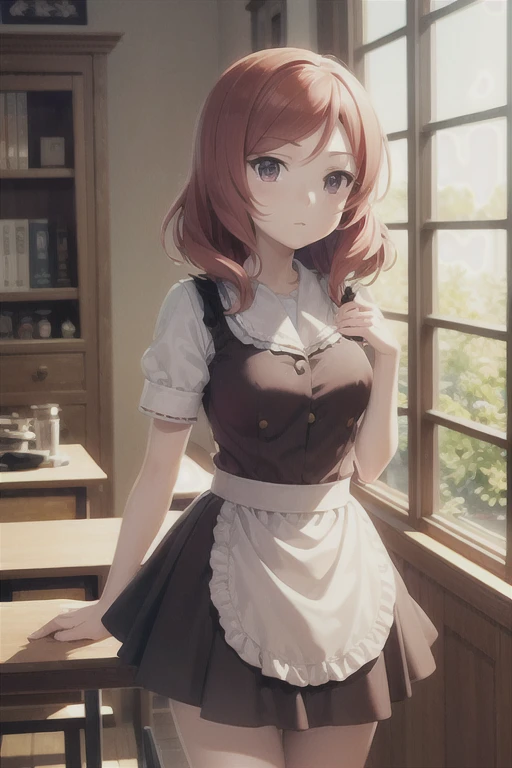 (Highest quality，masterpiece)，One girl, solo, Anime Screencap，Ray Tracing，Global Illumination，ultra hi resolution picture，Depth of written boundary，cute，Maki Nishikino，Coffee shop，tray，Maid clothes