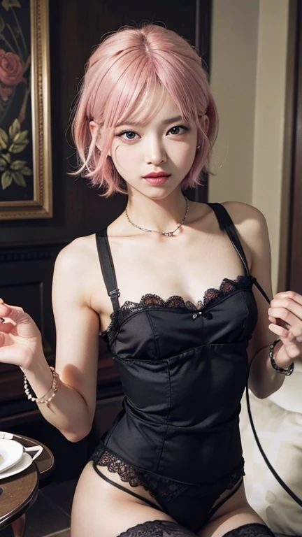 (((NAKED))), Spread, ((SLEEPING FEMBOY)), (((SAD FACE EXPRESSION:1.1)), ((NECK LACE RIBBON)), ((GOTHIC EYELASHES & LIPS)), ((LIPS)), ((boy very shorthaircut)), adorable, 1 girl, (face to face), , baby face, happy, half body portrait, (face details: 1), (eye details: 1), ((tiny breasts)). ((Lace V-neck ice silk suspender nightdress)), ((net stockings)), lingerie ((red lips)), lie down (((PINK NAKED)))
