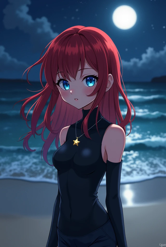 a beautiful anime girl, dark red hair in a ponytail, dark blue eyes, large breasts, wetsuit, (best quality,4k,8k,highres,masterpiece:1.2),ultra-detailed,(realistic,photorealistic,photo-realistic:1.37),highly detailed face, extremely detailed eyes, beautiful detailed lips, longeyelashes, intricate detail, detailed fabric textures, shiny wet wetsuit, dynamic pose, dramatic lighting, moody atmosphere, vibrant colors, cinematic composition