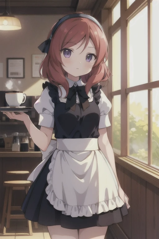 (Highest quality，masterpiece)，One girl, solo, Anime Screencap，Ray Tracing，Global Illumination，ultra hi resolution picture，Depth of written boundary，cute，Maki Nishikino，Coffee shop，tray，Maid clothes